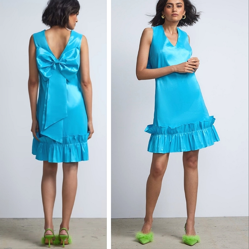 NWT NY & Co Teal Satin‎ Oversized Bow Tiered Ruffle Mini Dress Wedding Medium